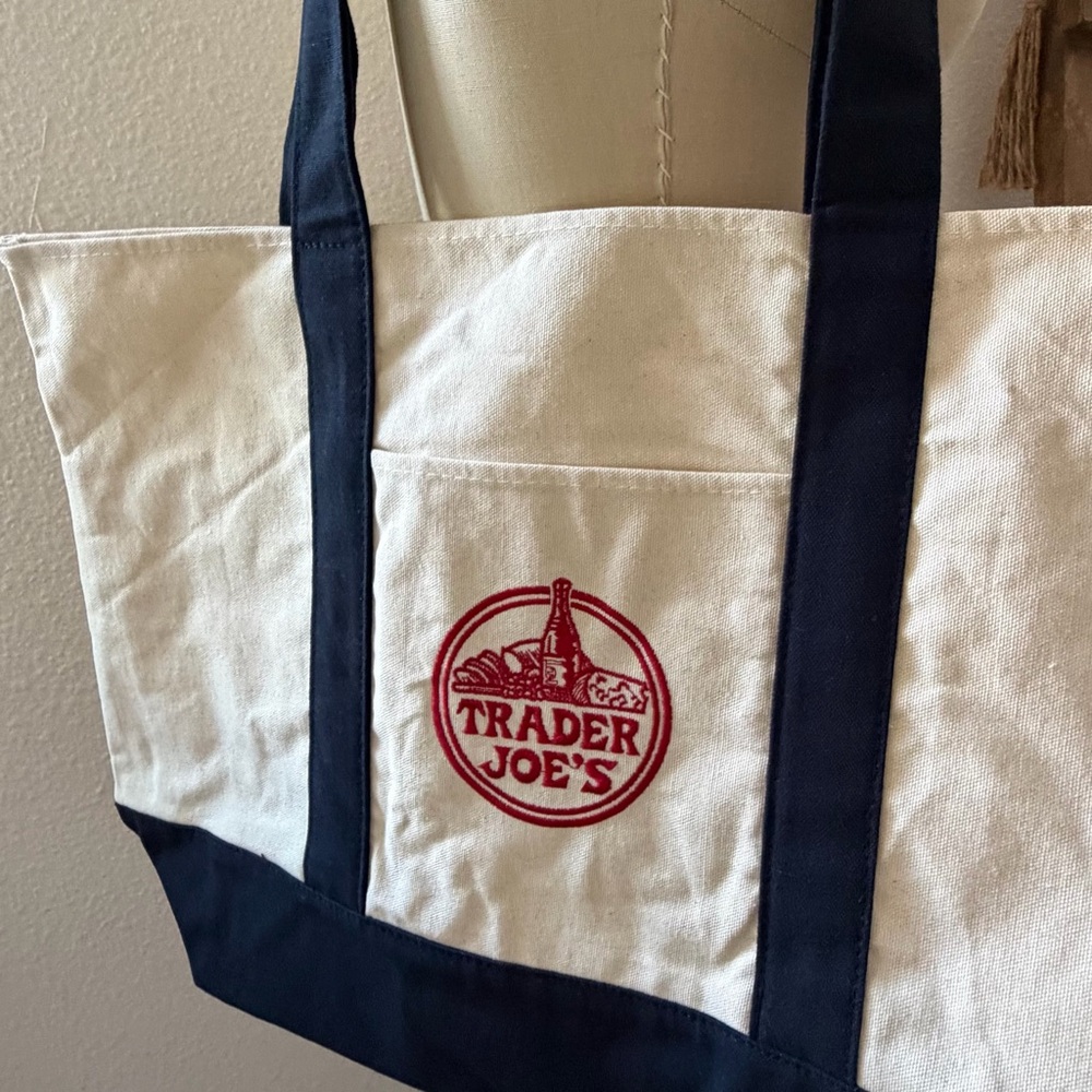 Trader Joe's Classic Large Cream and Dark Blue/Black Reusable Tote Bag